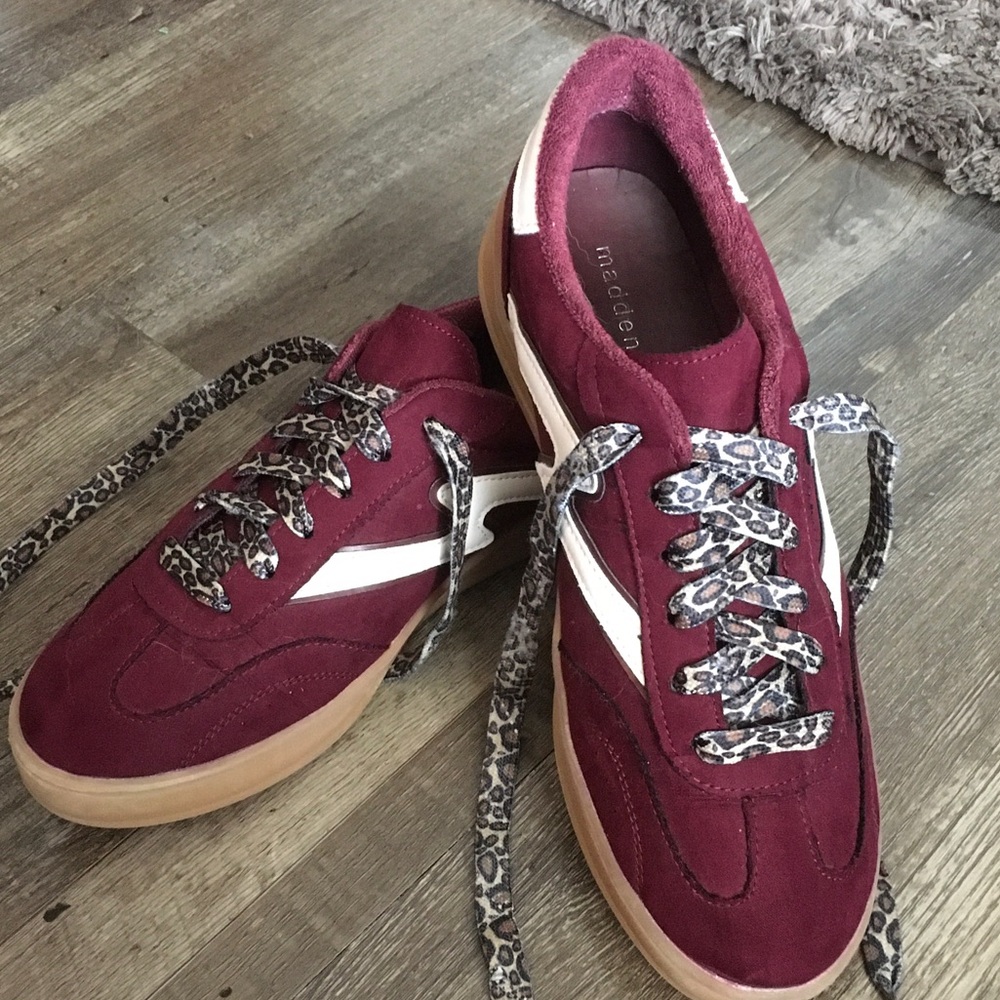 Madden Girl Burgundy Suede Sneakers with Leopard Print Laces 8